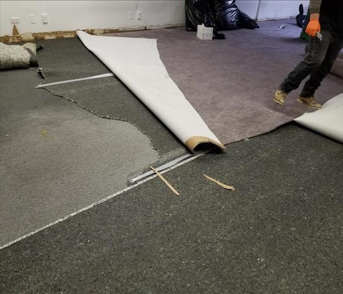 grey carpeting being ripped up by our production crew. 